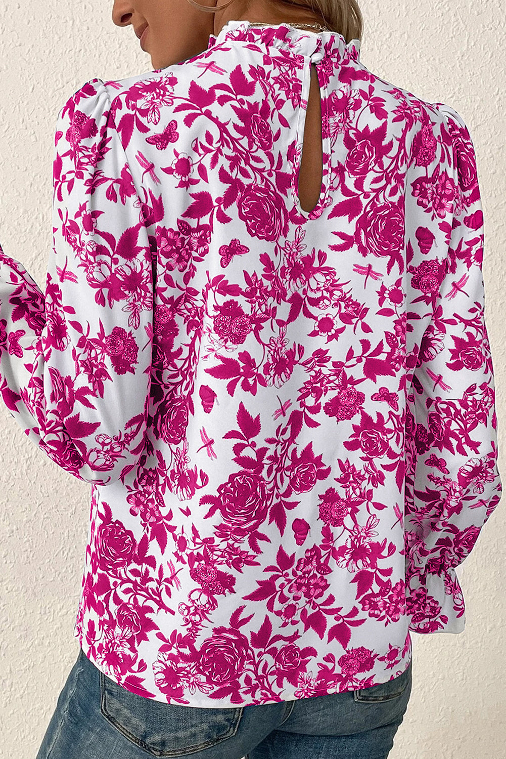 Floral Print Flounce Sleeve Keyhole Back Blouse | Rose