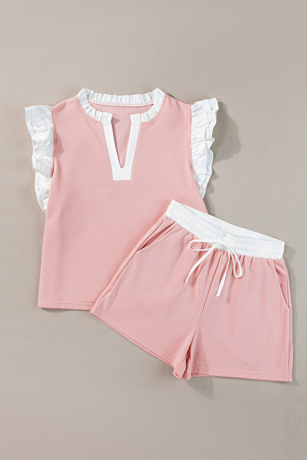 Contrast Trim Ruffled Top And Drawstring Shorts Set | Light Pink