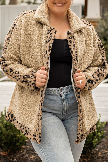 Plus Size Leopard Trim Button Up Sherpa Jacket | Khaki