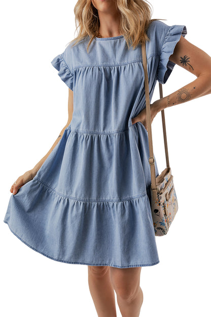 Ruffle Short Sleeve Tiered A-Line Denim Dress | Beau Blue