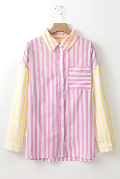 Contrast Collar Long Sleeve Patchwork Shirt | Pink Stripe