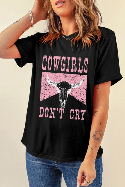 Cowgirl Dont Cry Steer Head Print Short Sleeve Top | Black