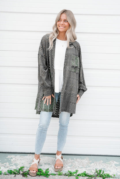 Eyelet Pattern Patchwork Oversized Button Up Shacket | Duffel Green