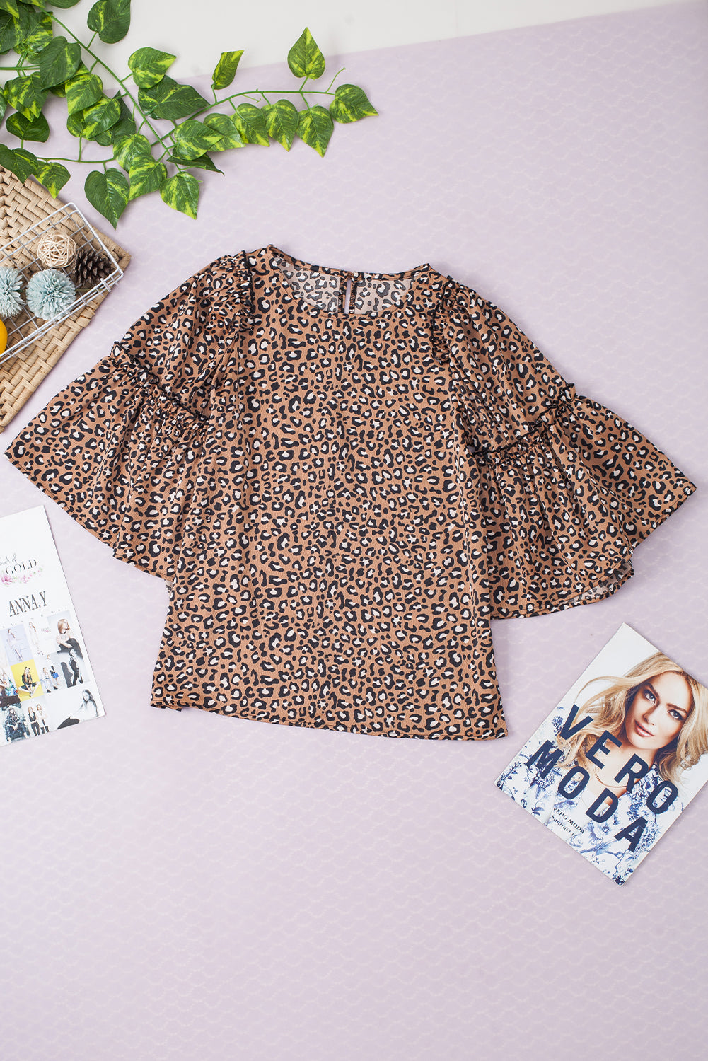 Leopard Print Ruffle Wide Sleeve Blouse | Chestnut