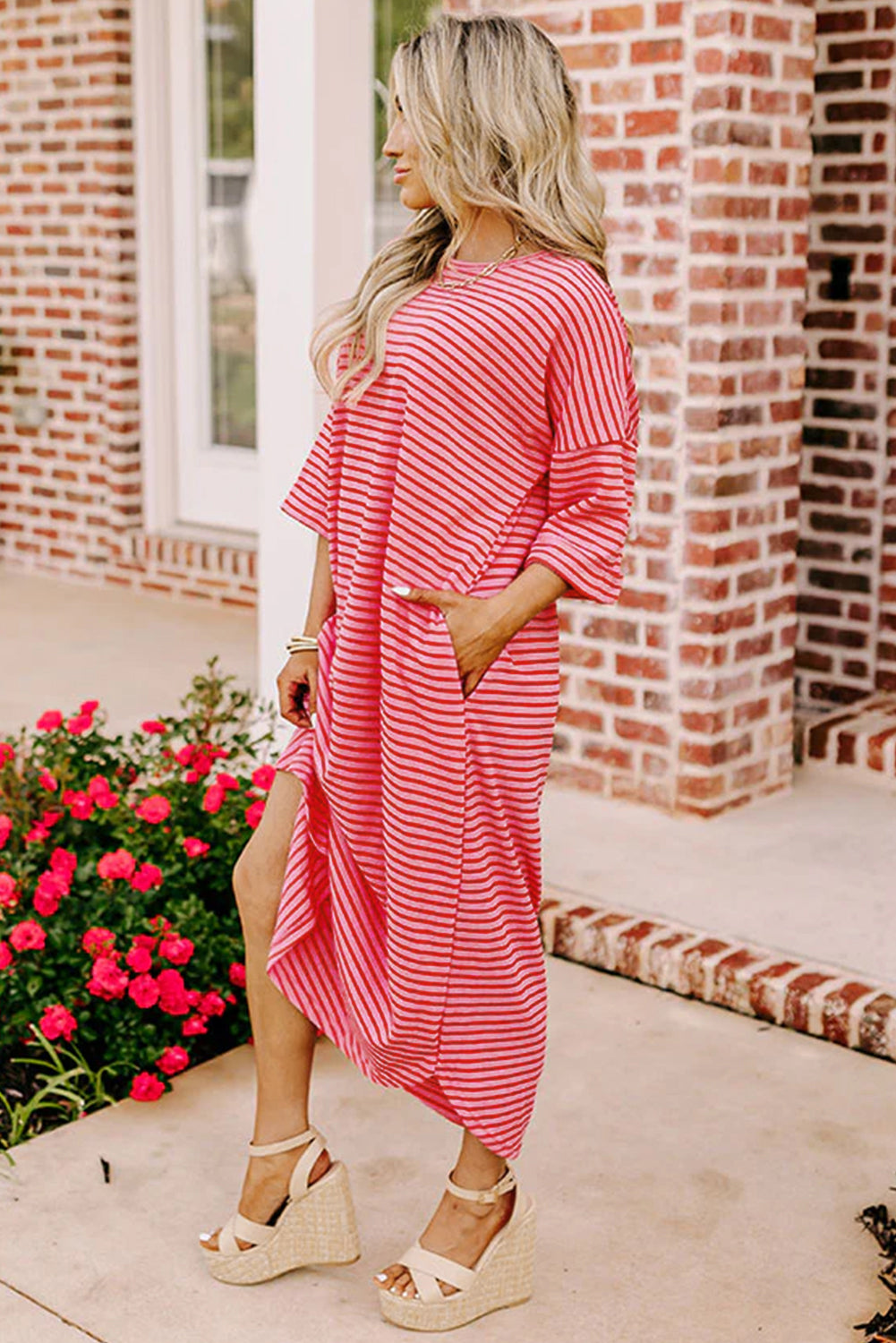 Striped 3/4 Sleeve Round Hem Shift T Shirt Dress | Strawberry Pink