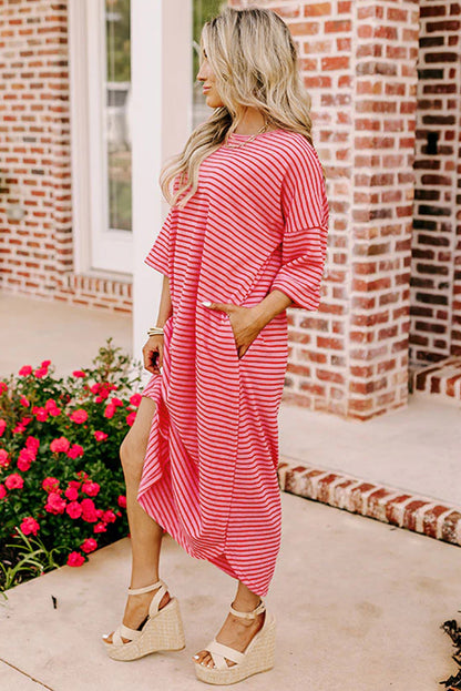 Striped 3/4 Sleeve Round Hem Shift T Shirt Dress | Strawberry Pink