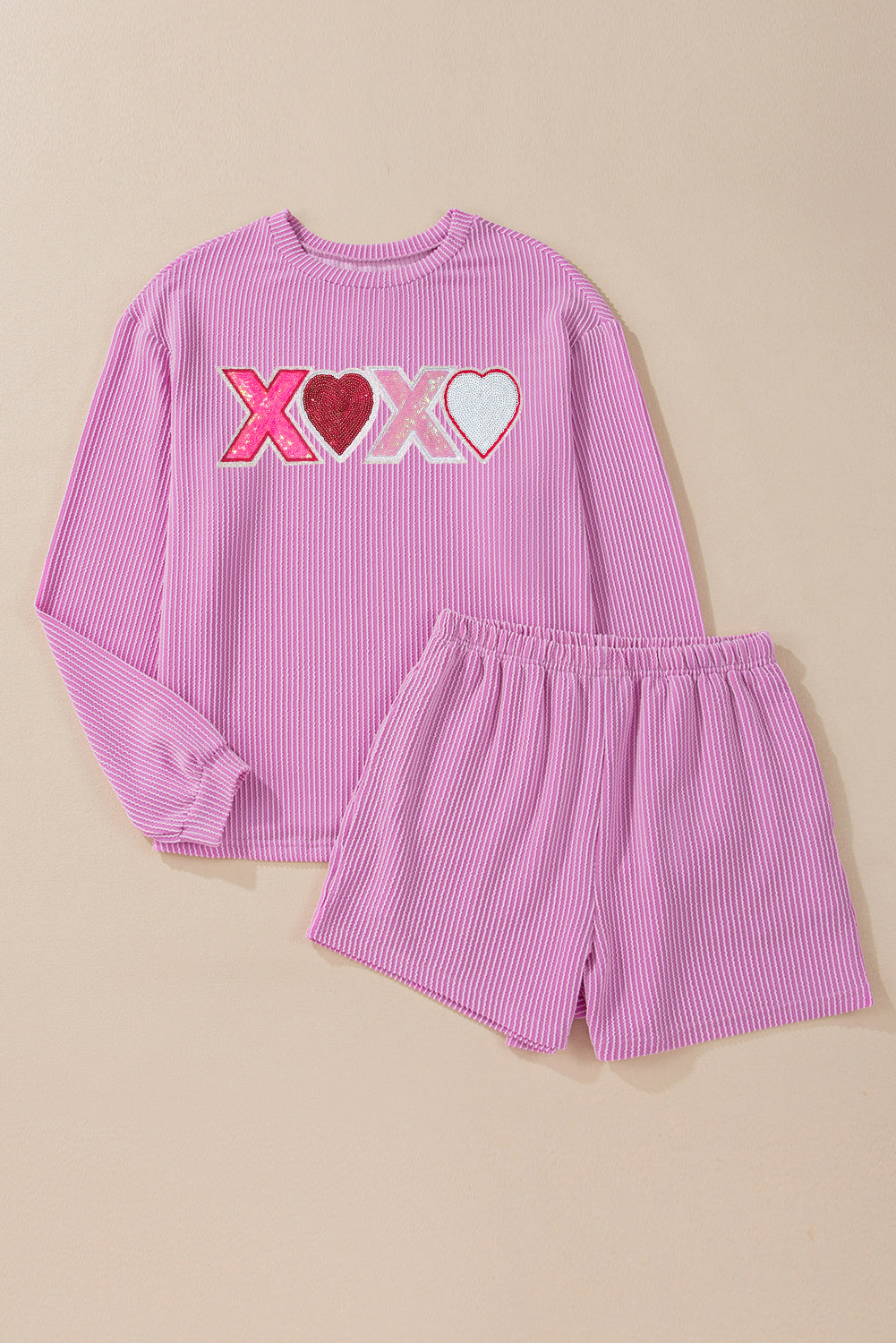 Corded Sequined Xoxo Heart Valentines Long Sleeve Shorts Set | Phalaenopsis