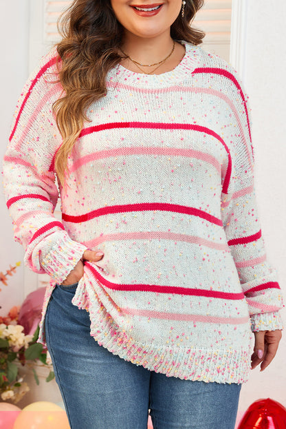 Drop Shoulder Side Split Plus Size Sweater | Pink Stripe