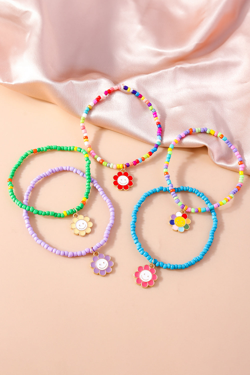 5Pcs Smiley Flower Pendant Beaded Bracelet Set | Light Blue