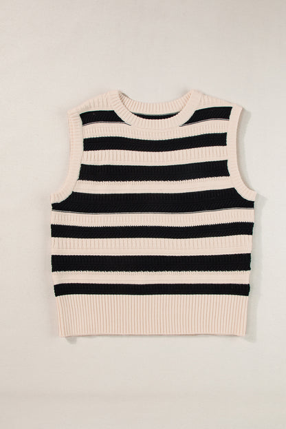 Ribbed Trim Knitted Sweater Vest | Black Stripe