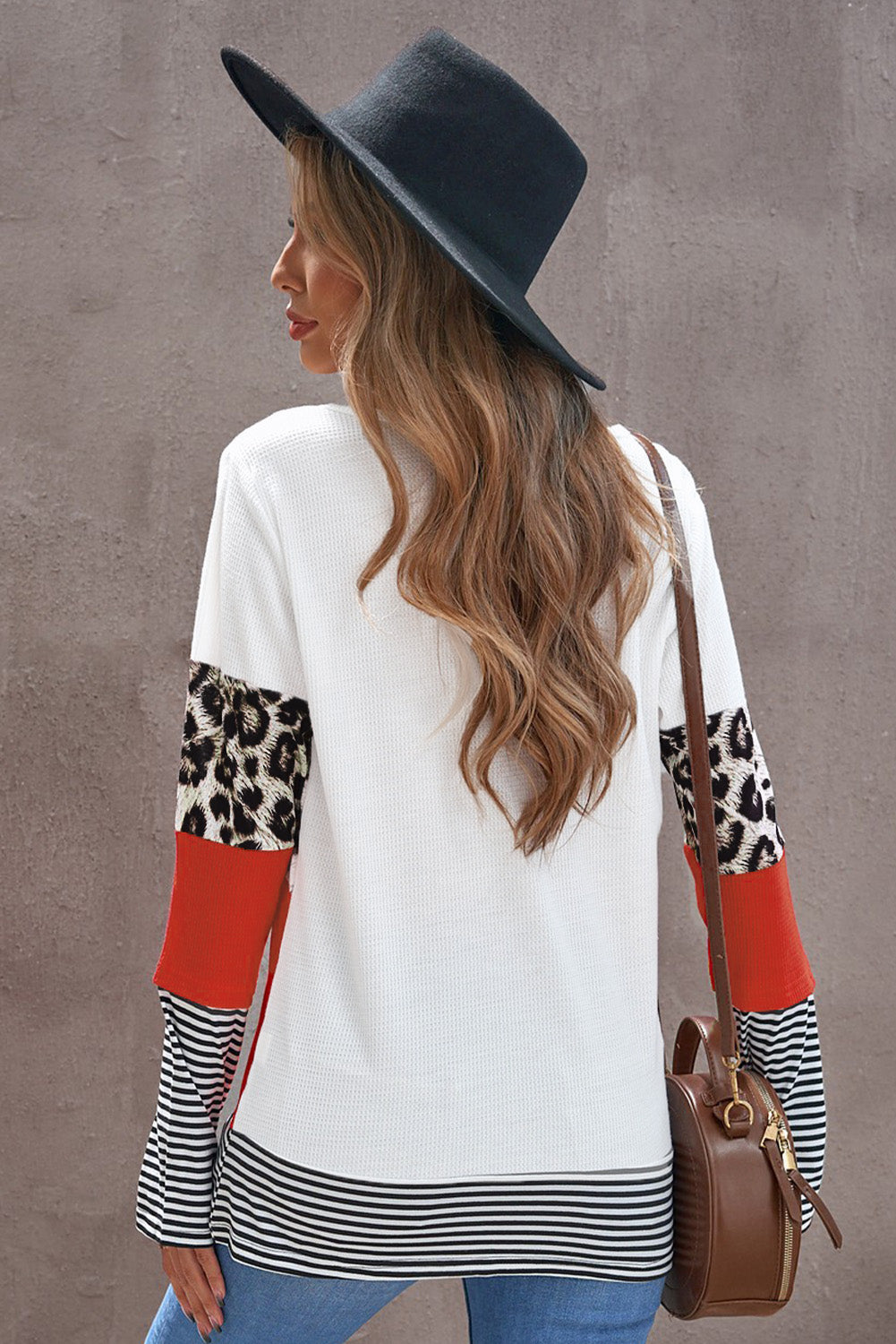 Stripes Leopard Splicing Colourblock Long Sleeve Top | Orange