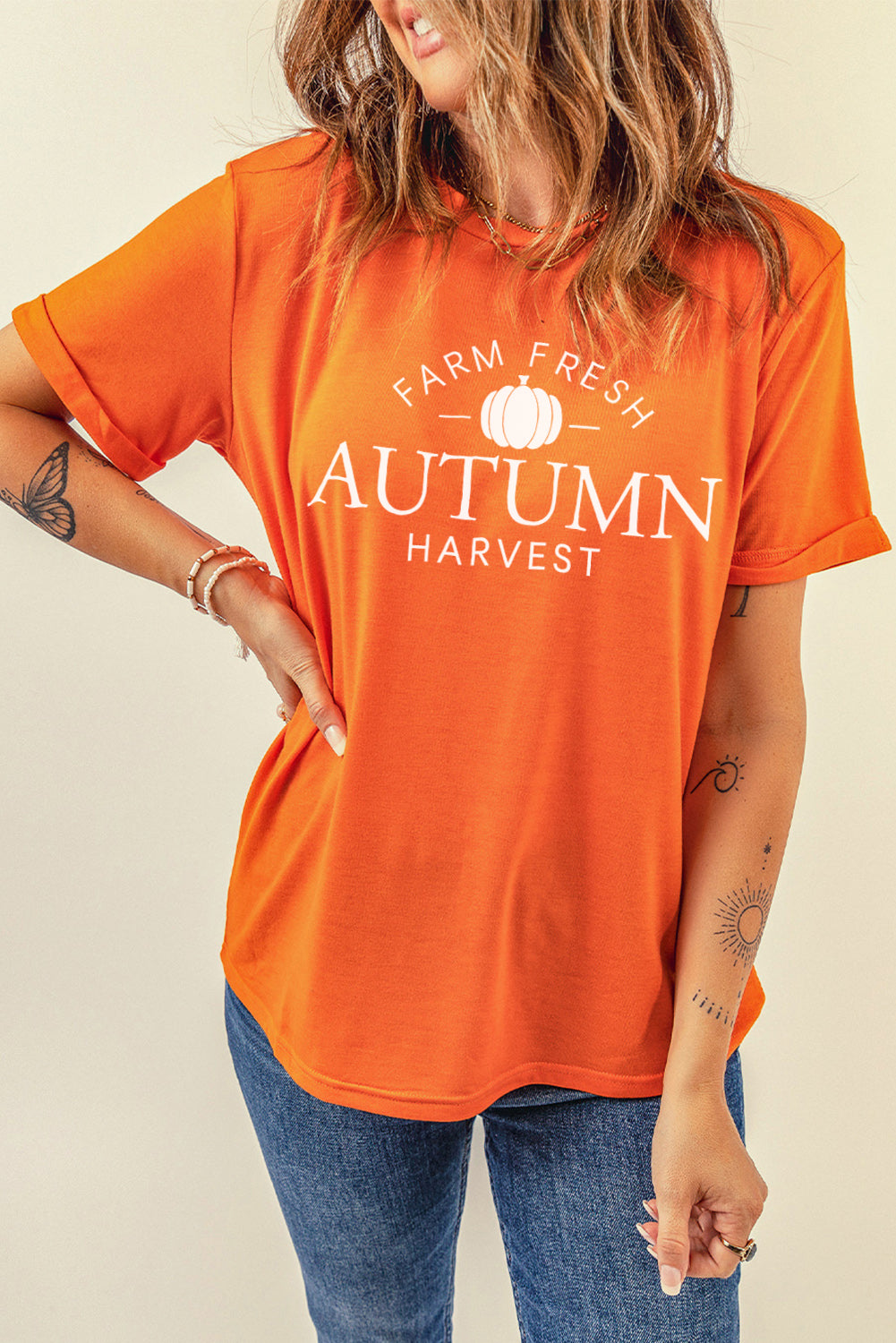 Farm Fresh Autumn Harvest Pattern Crew Neck T Shirt | Orange