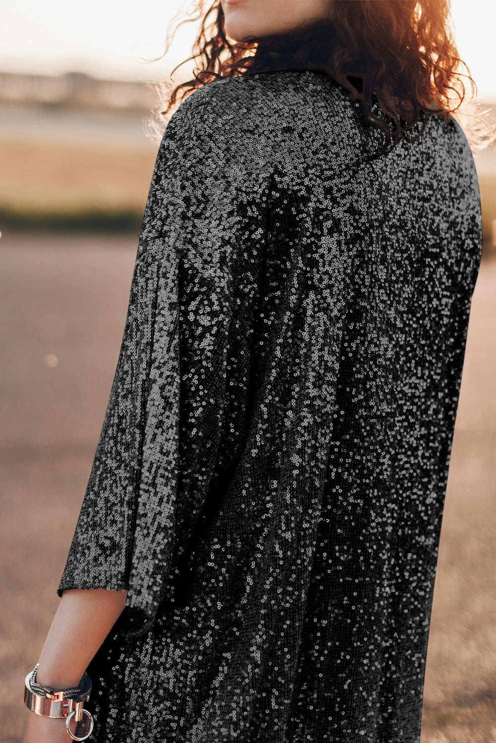 Sequin 3/4 Sleeve Open Front Duster Kimono | Black