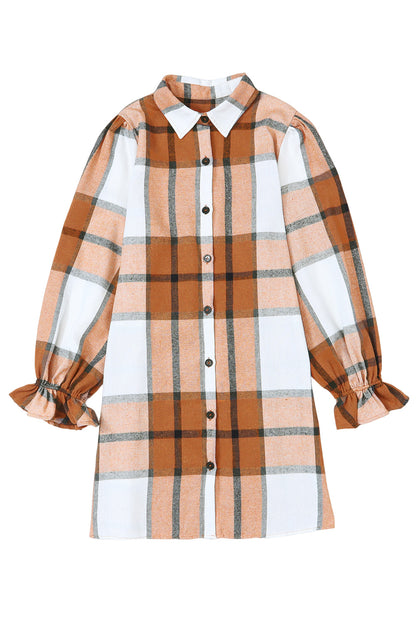 Plaid Pattern Collared Neck Ruffled Sleeve Shirt Dress | Khaki