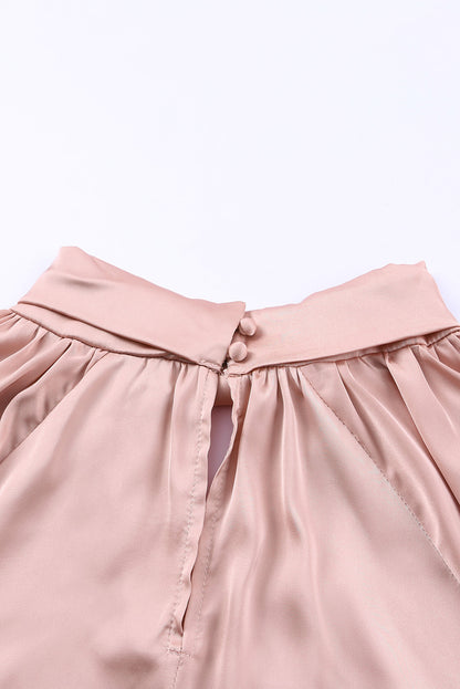 Twist High Neck Puff Sleeve Satin Blouse | Pink