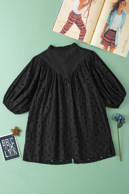 Flower Embroidered Hollow-Out Puff Sleeve Blouse | Black