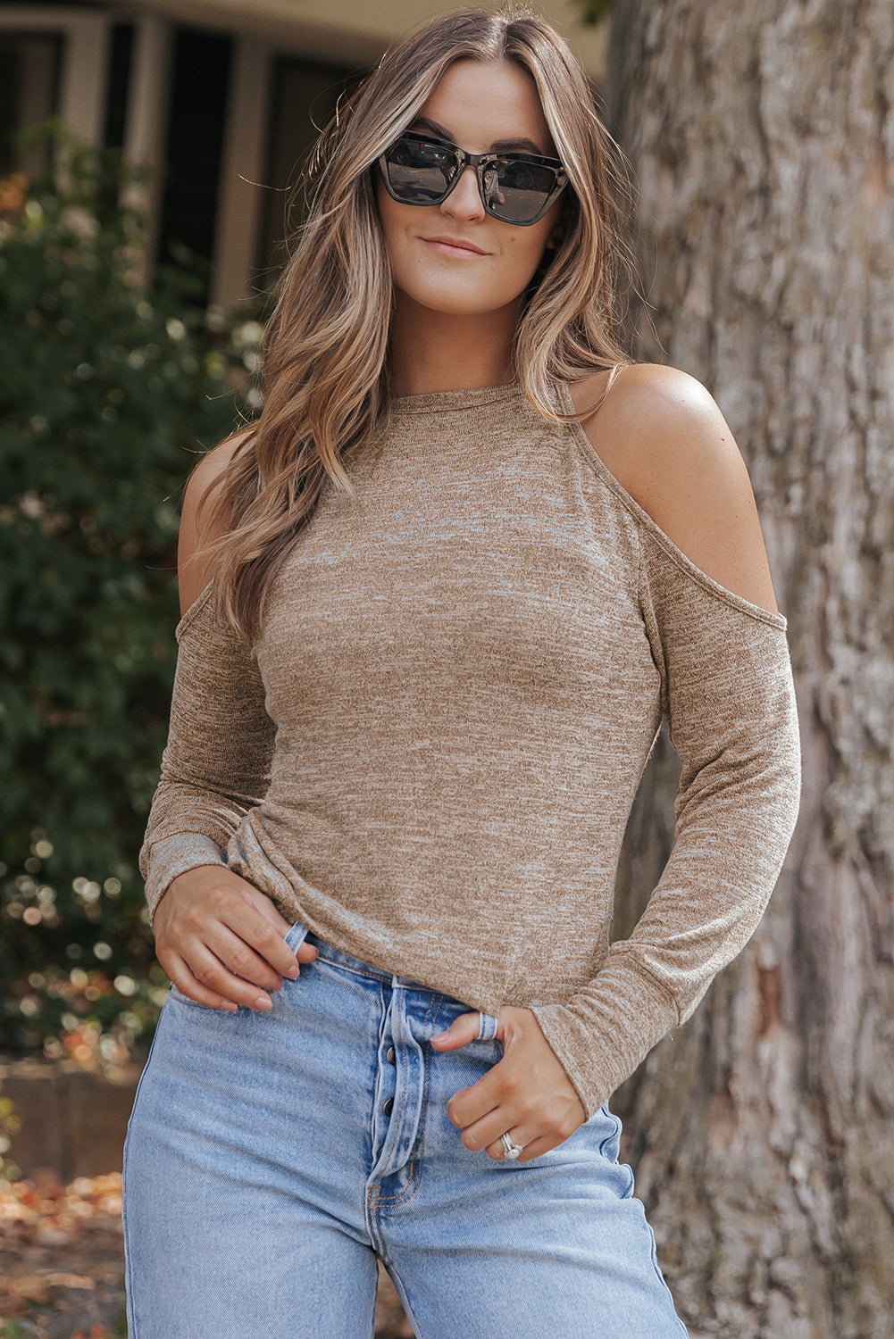 Khaki Marble Knit Cold Shoulder Long Sleeve Top