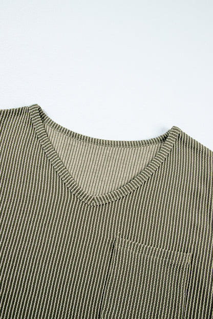 Plus Size Corded V Neck Patch Pocket Tee | Meadow Mist Green