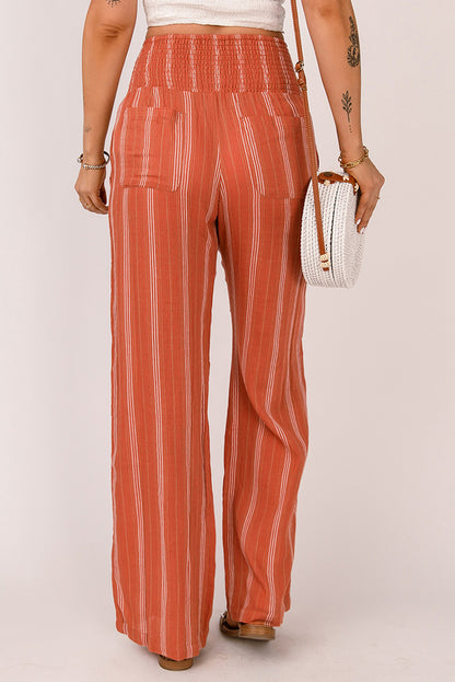 Striped Shirred High Waist Straight Leg Pants | Orange