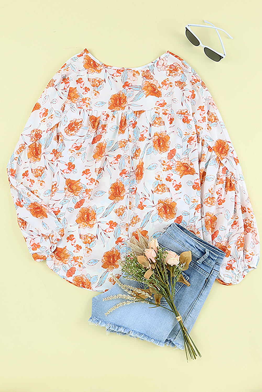 Split V Neck Floral Print Dolman Blouse | Orange