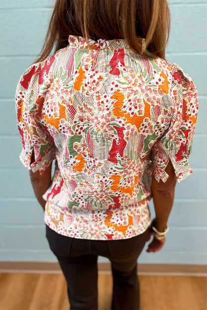 Floral Print Button Frilled Short Sleeve Blouse | Pink