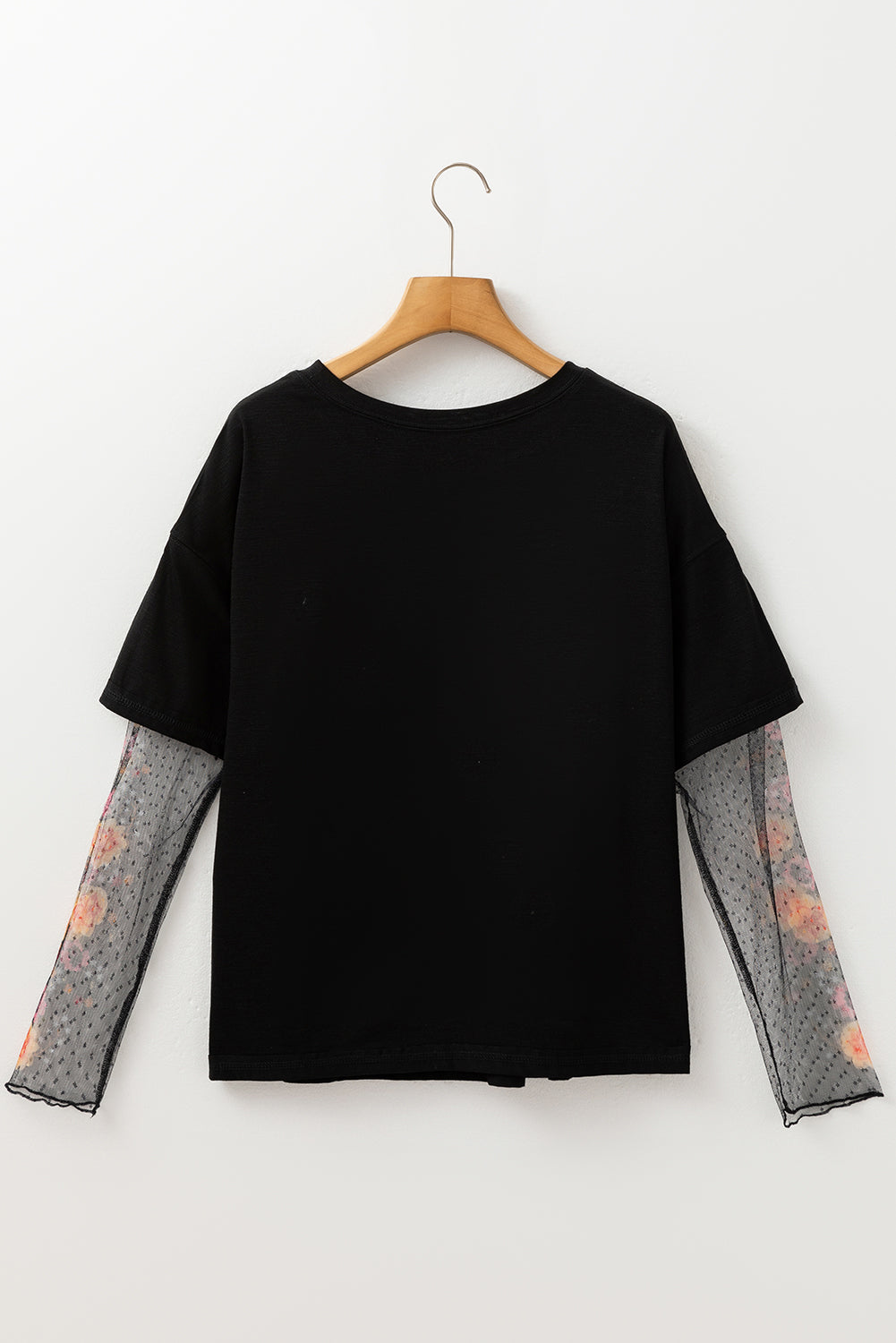 Faux Two Piece Floral Long Sleeve Patchwork Tee | Black