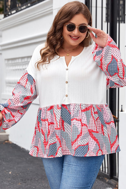 Plus Size Printed Patchwork Textured Buttoned Blouse | Apricot