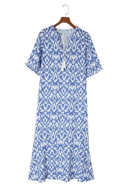 V Neck Casual Geometric Print Maxi Dress | Sky Blue