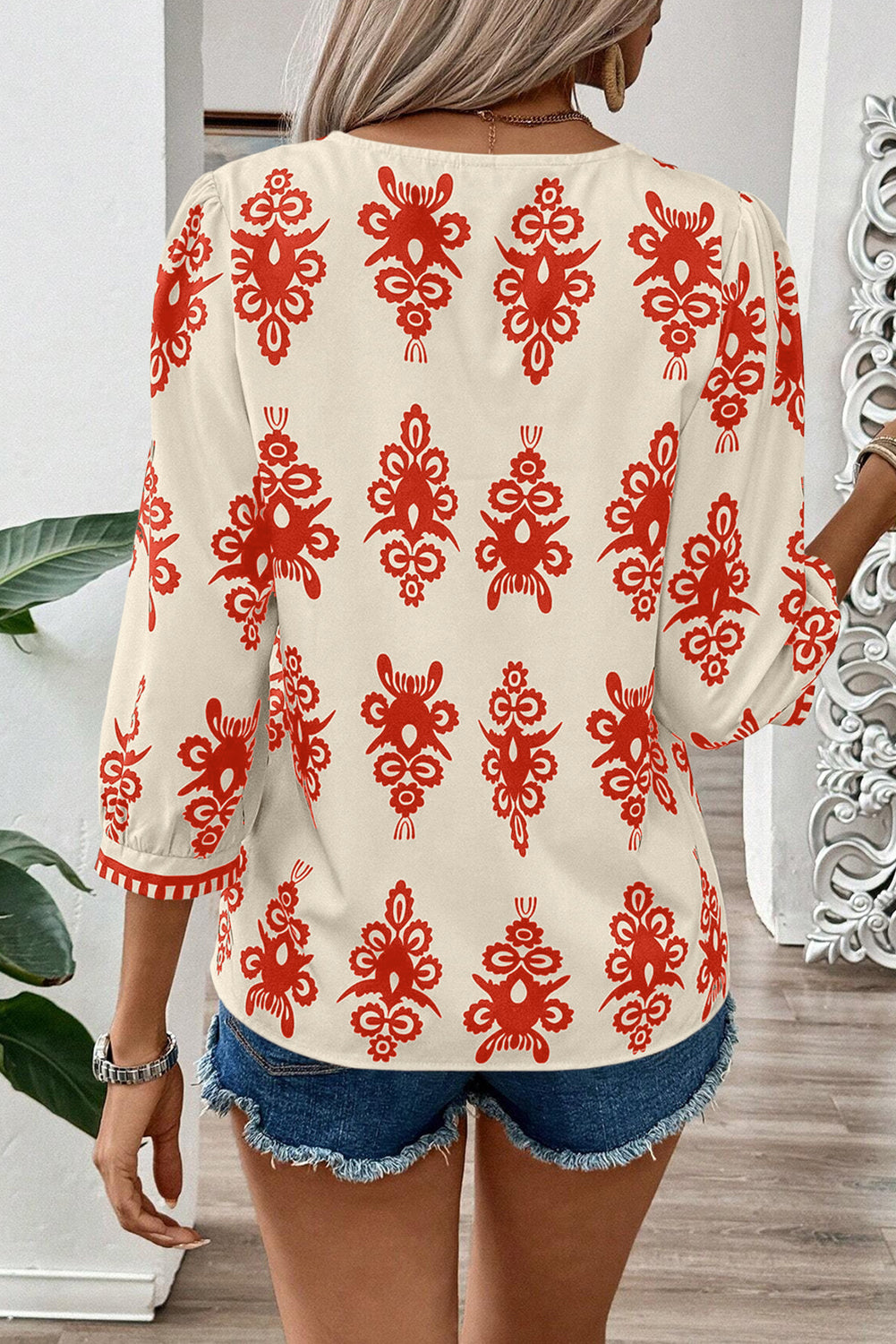 Vintage Geometric Printed 3/4 Sleeve V Neck Blouse | Orange