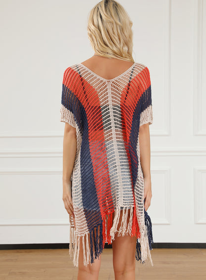 Striped Tassel Crochet V Neck Beach Cover Up | Multicolour