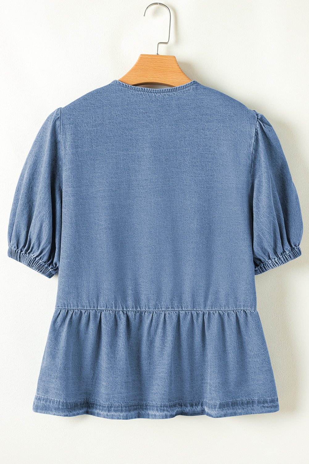 Tied Front Bubble Sleeve Peplum Denim Shirt | Dusk Blue