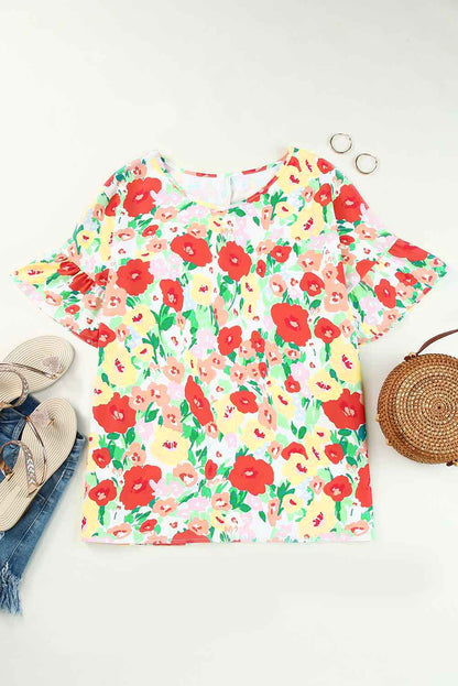 Fiery  Floral Print Ruffled Short Sleeve V Neck Blouse | Red