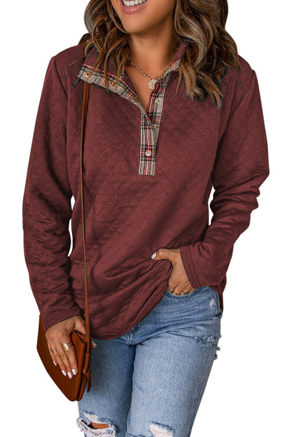 Fiery  Geometric Texture Plaid Trim Sweatshirt | Red