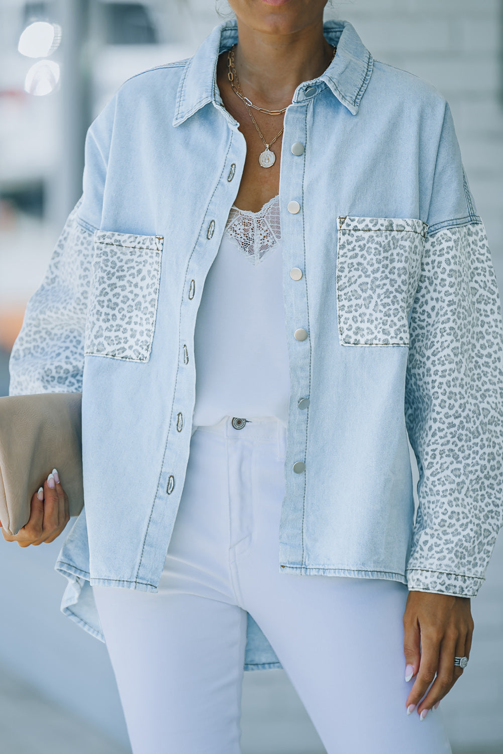 Contrast Leopard Denim Jacket | Sky Blue