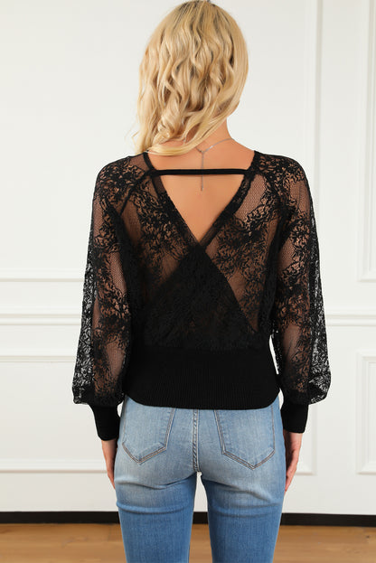 V-Neck Lace Sleeve Pullover Sweater | Black