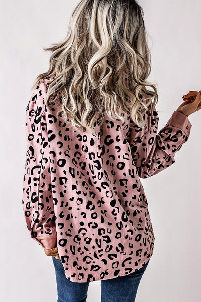 Collared Neckline Flap Pockets Leopard Corduroy Jacket | Pink