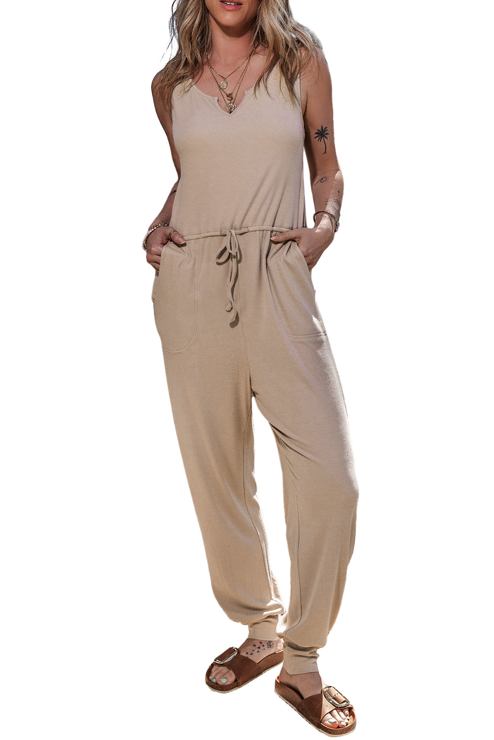 Drawstring Pockets Notched Neck Sleeveless Jogger Jumpsuit | Smoke Gray