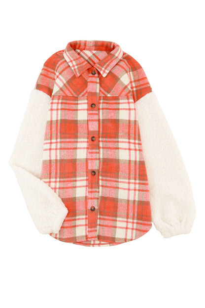 Fiery  Sherpa Sleeve Plaid Print Shacket | Red