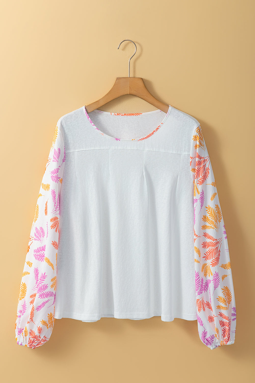 Tropical Leaf Printed Patchwork Sleeve Round Neck Top | White