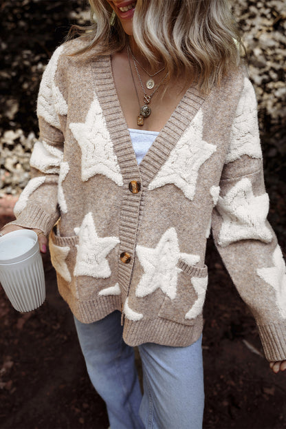 Sherpa Star Pattern Textured Sweater Cardigan With Pockets | Khaki