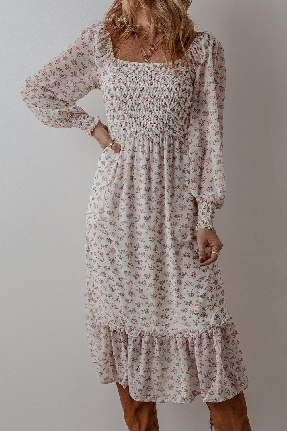 Floral Print Shirred Ruffled Hem Square Neck Midi Dress | White