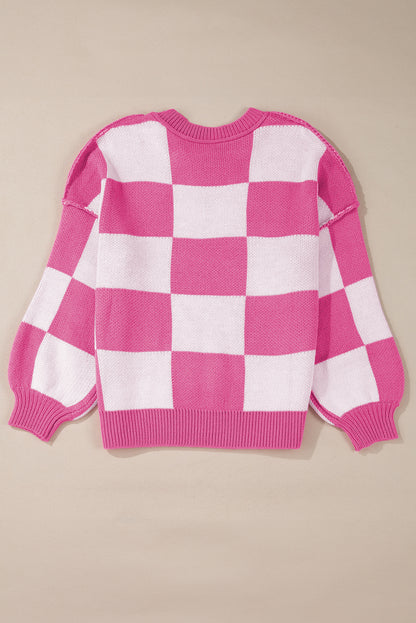 Checkered Bishop Sleeve Sweater | Rose