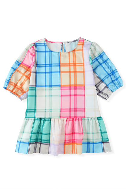 Bold Plaid Colour Block Puff Sleeve Peplum Top | Multicolour