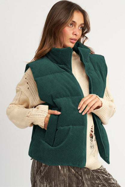 Corduroy Stand Neck Zipped Puffer Vest | Jungle Green