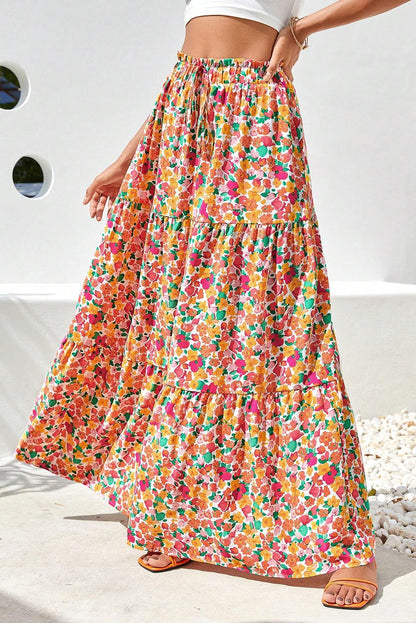 Boho Floral Print Tiered Long Skirt | Yellow