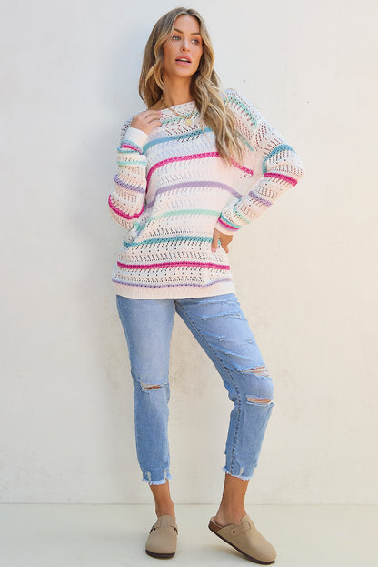 Striped Hollowed Crochet Loose Fit Sweater | White