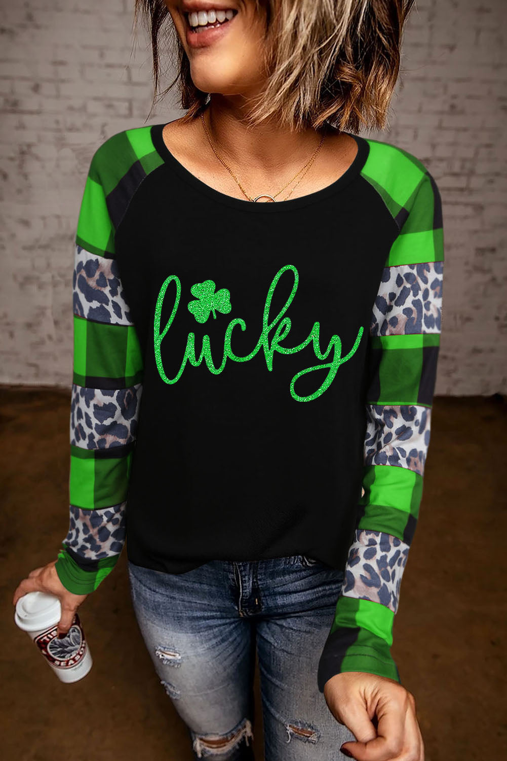 Lucky Clover Glitter Graphic Leopard Plaid Splicing Top | Green