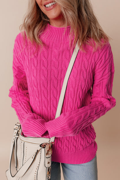 Solid Cable Knit High Neck Drop Shoulder Sweater | Rose Red