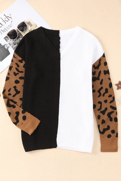 Print Contrast Colour V Neck Sweater | Leopard