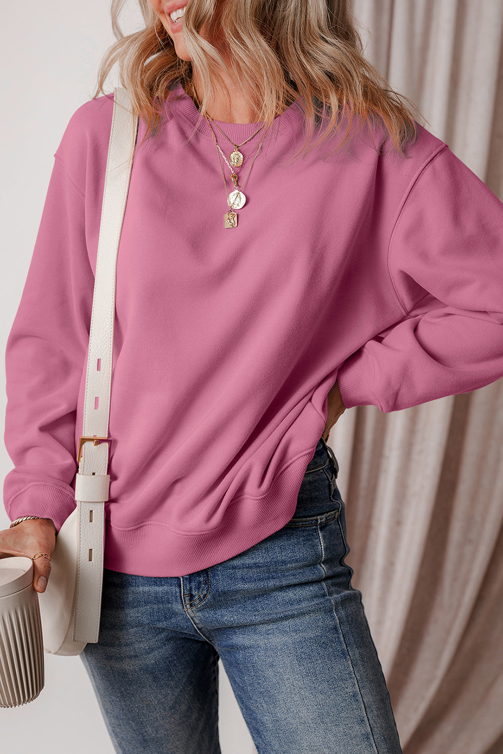 Solid Fleece Lined Drop Shoulder Terry Sweatshirt | Meadow Mauve